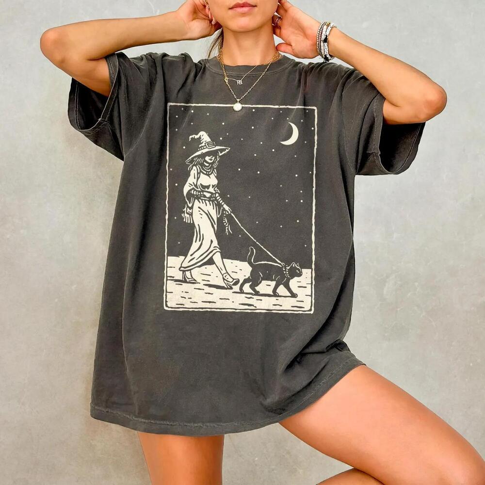 Funny Witch Shirt - Halloween S Shirt, Retro Witchy Shirt, Cat Lover Halloween